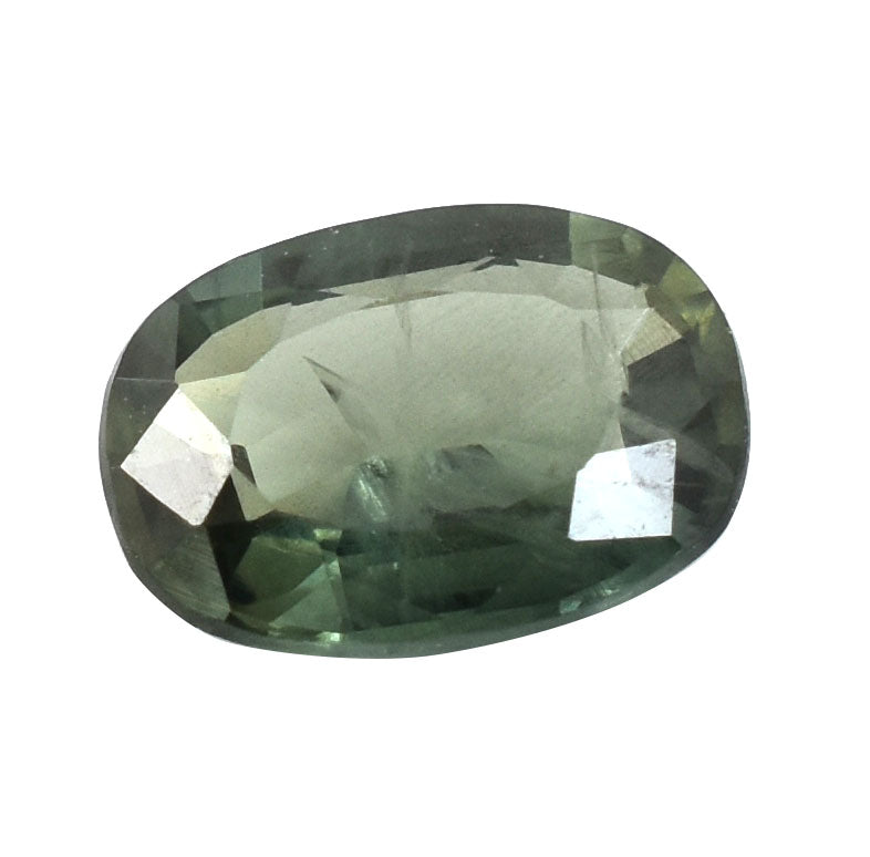 Oval-cut green gemstone with facets.