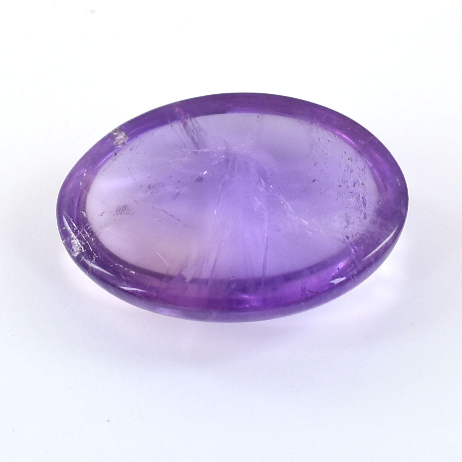 Oval-shaped amethyst gemstone with a smooth, polished surface.