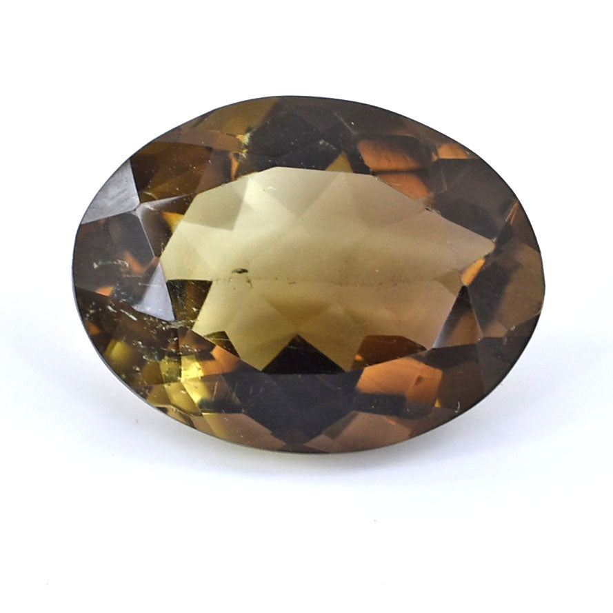 Oval-cut smoky quartz gemstone with faceted surfaces.