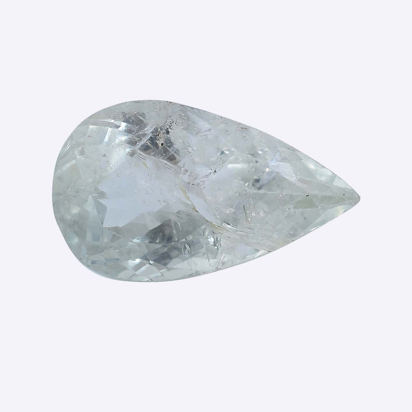 Teardrop-shaped, translucent gemstone with a pale blue-gray hue.