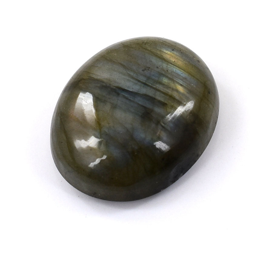 Polished oval labradorite gemstone with dark green-gray iridescent flashes.