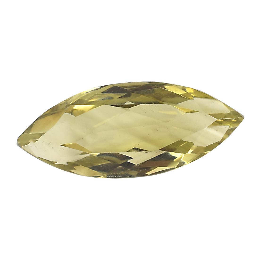 Marquise-cut pale yellow gemstone with faceted surfaces.