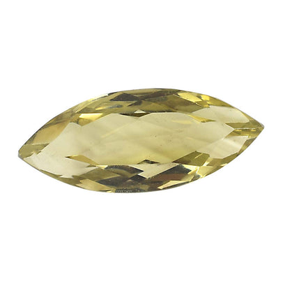 Marquise-cut pale yellow gemstone with faceted surfaces.