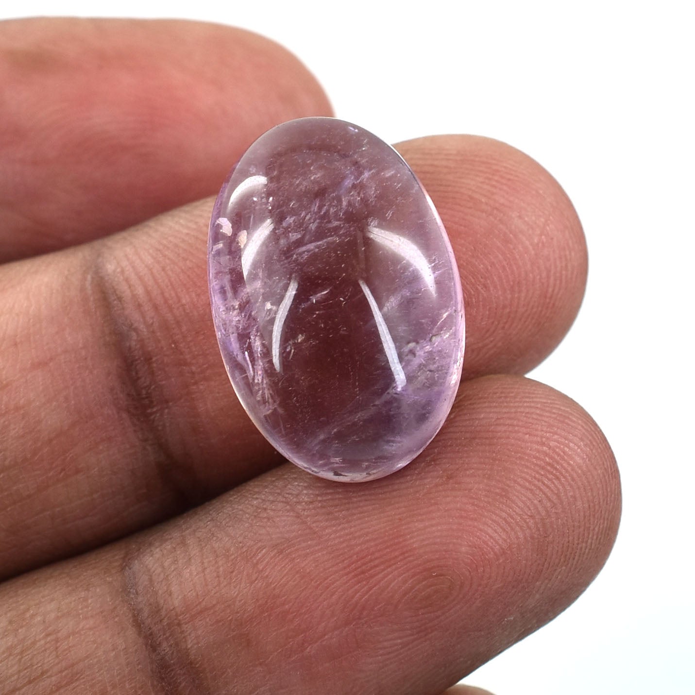 Polished oval amethyst crystal with a translucent purple hue.