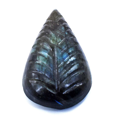 Teardrop-shaped carved gemstone with a leaf pattern, displaying iridescent blue and green hues.