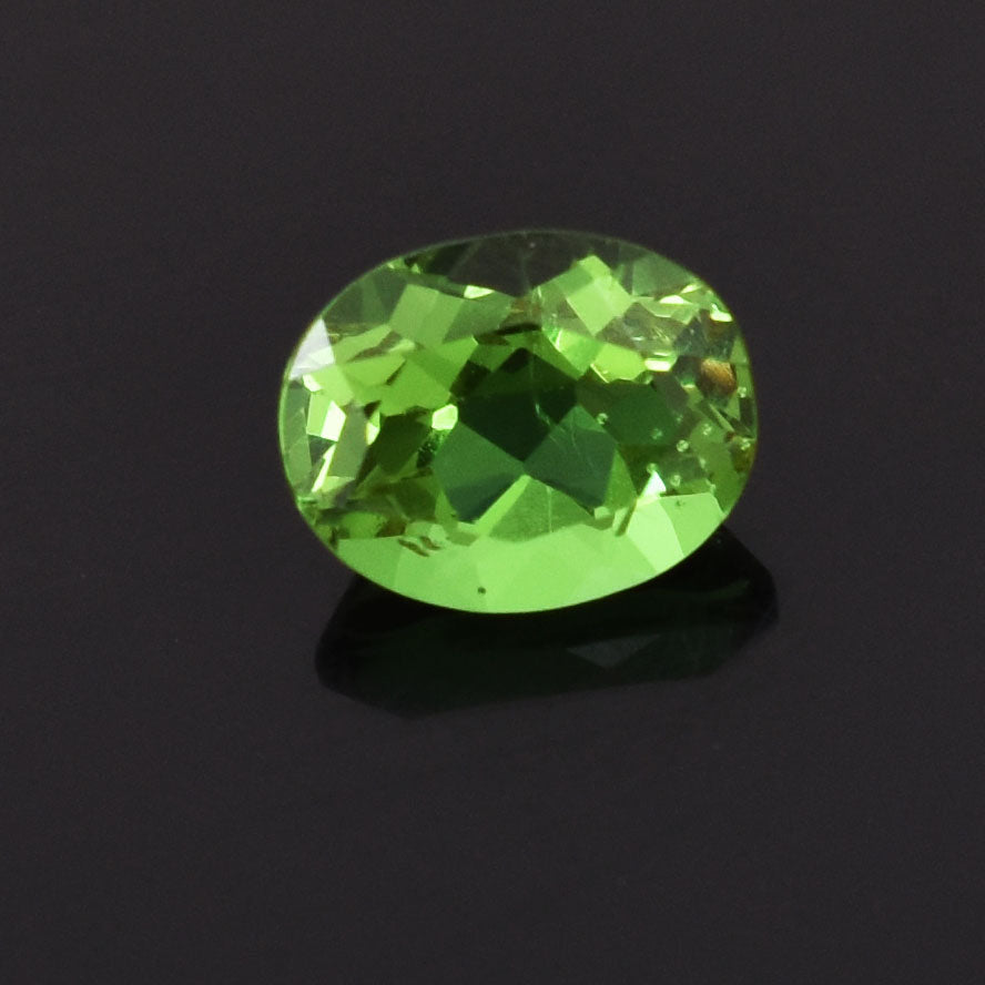 Faceted oval-cut peridot gemstone with vibrant green color.