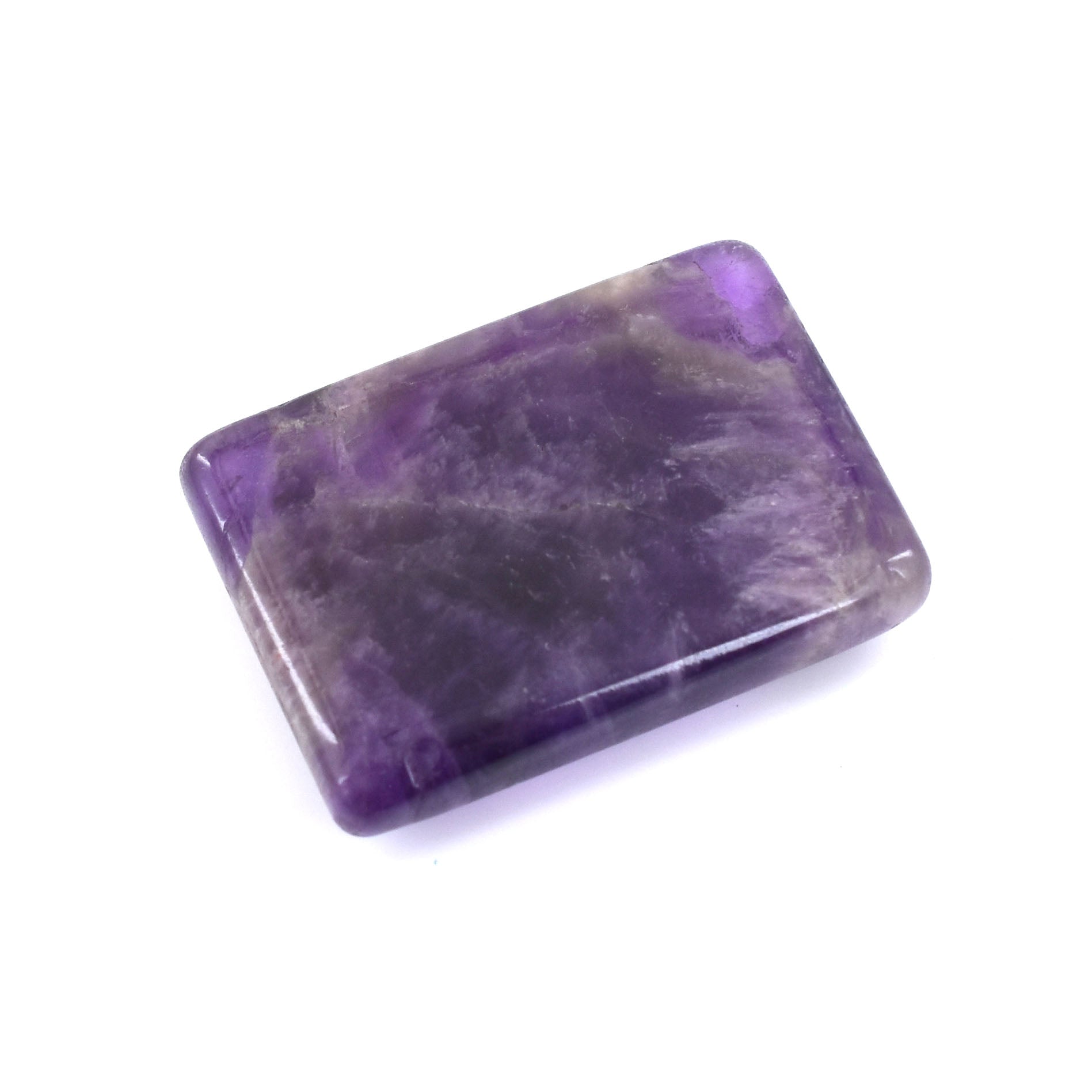 Rectangular polished amethyst gemstone with deep purple coloration and subtle variations in tone.