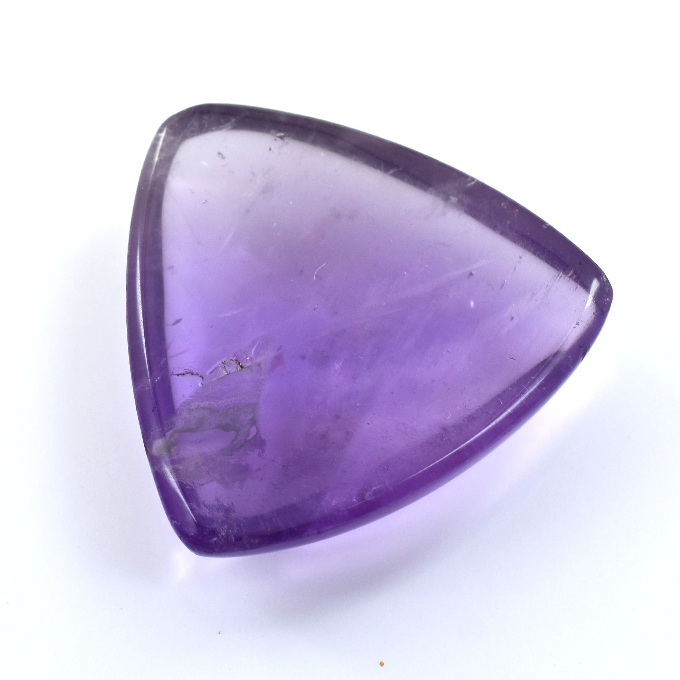 Triangular purple gemstone or crystal with a smooth, polished surface.