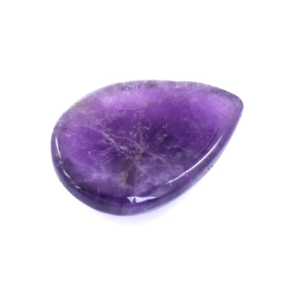 Teardrop-shaped purple amethyst gemstone with a smooth, polished surface.