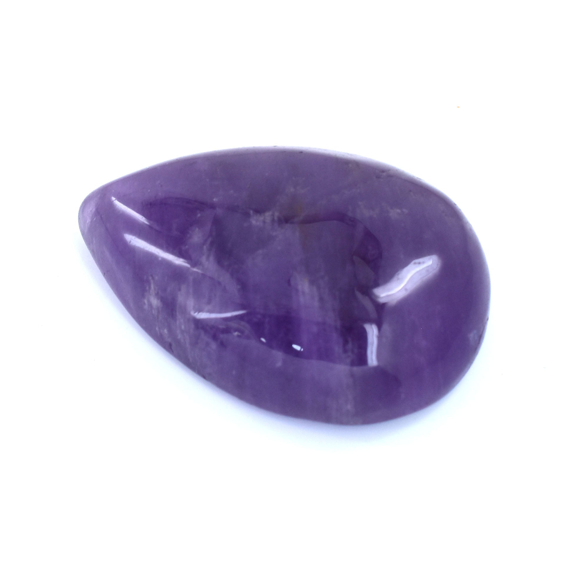 Smooth, polished purple gemstone or crystal in a teardrop shape.