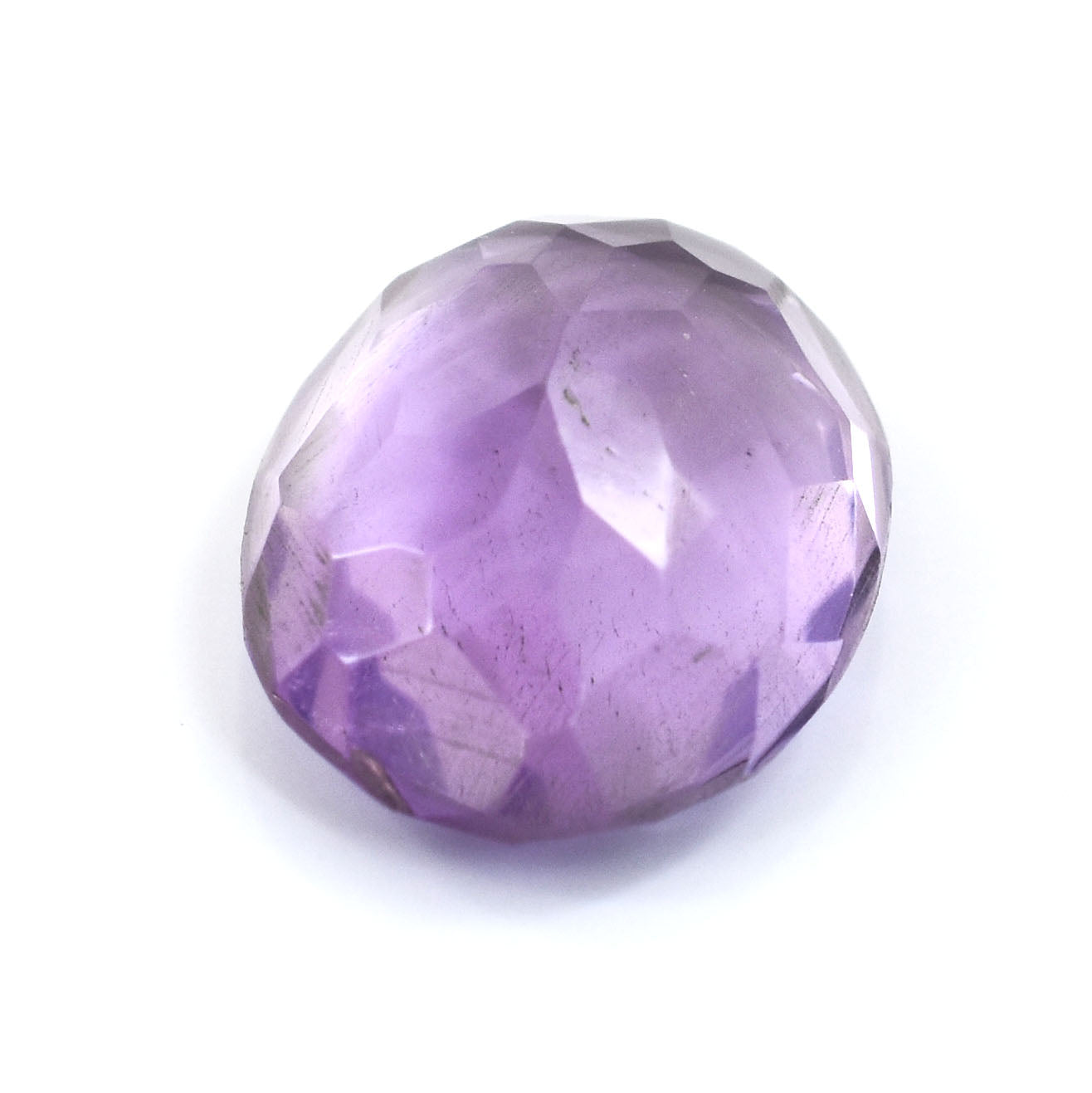 Faceted purple gemstone with a round shape.