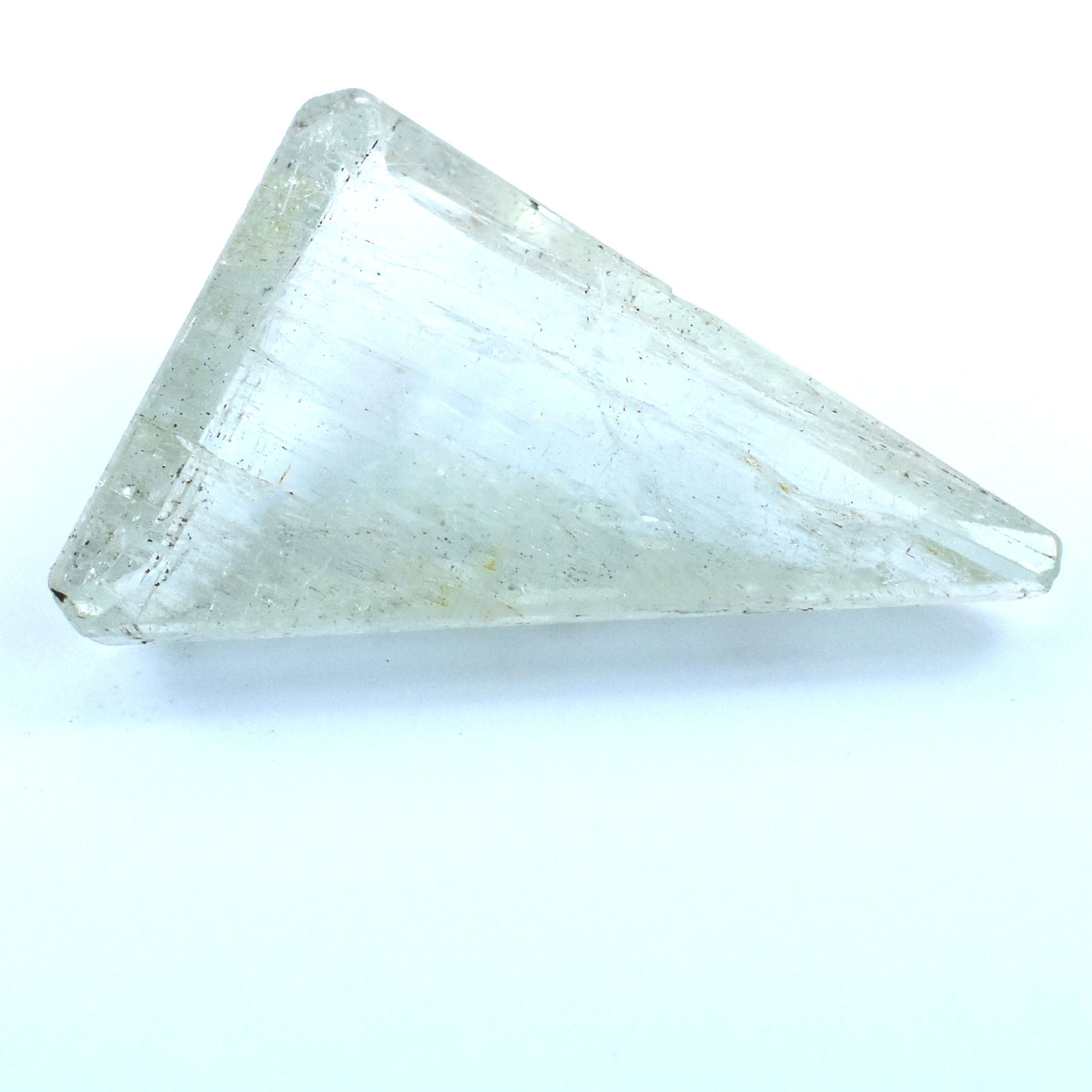 Triangular piece of clear or translucent crystal or glass.