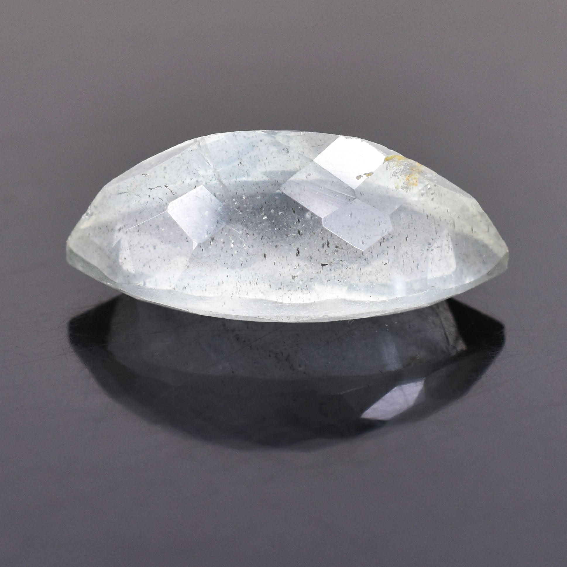 Faceted oval-shaped clear gemstone or crystal with visible inclusions.