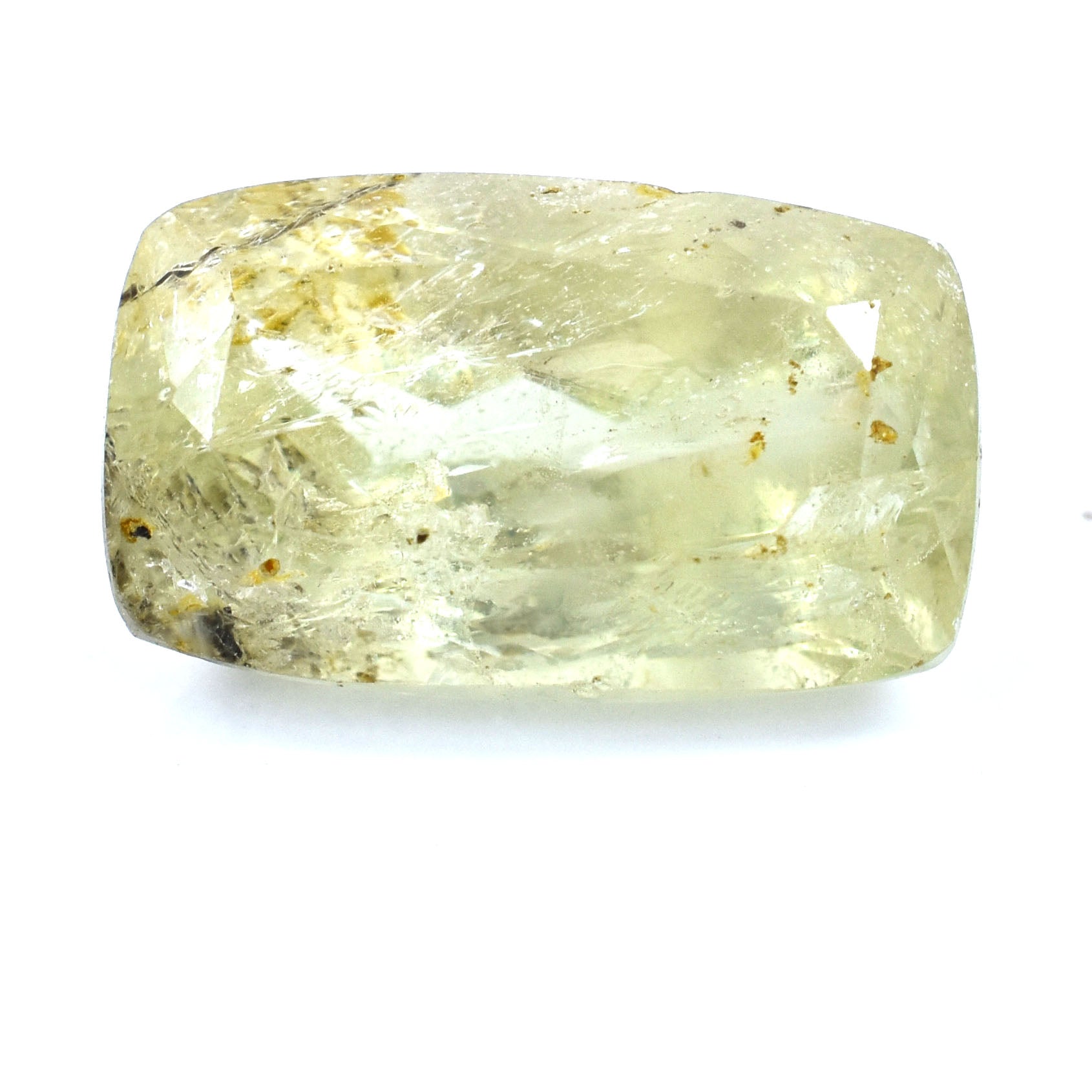 Pale yellow, rectangular-cut gemstone with visible inclusions.