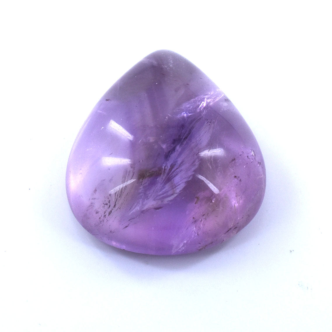 Polished purple amethyst gemstone with a rounded triangular shape.