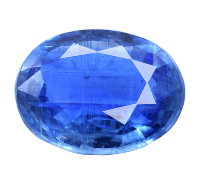 Oval-cut blue sapphire gemstone with facets reflecting light.