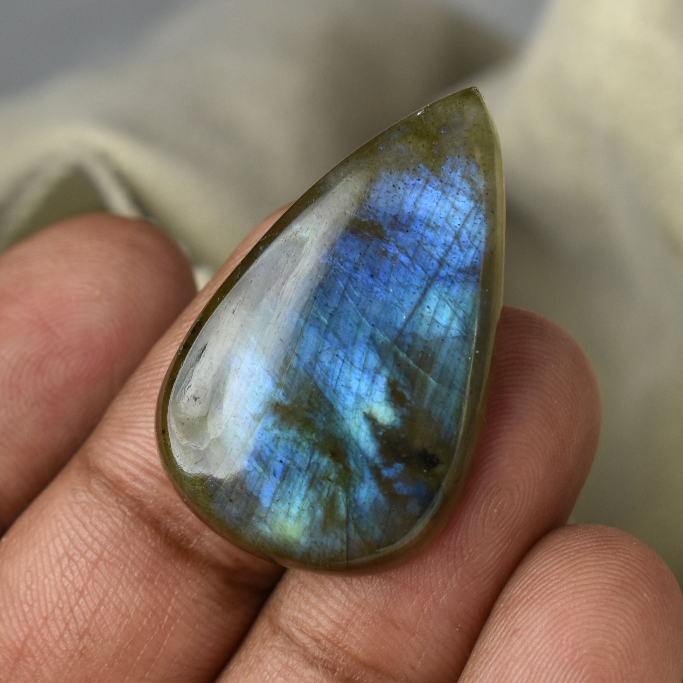 Teardrop-shaped labradorite gemstone with vibrant blue flashes.