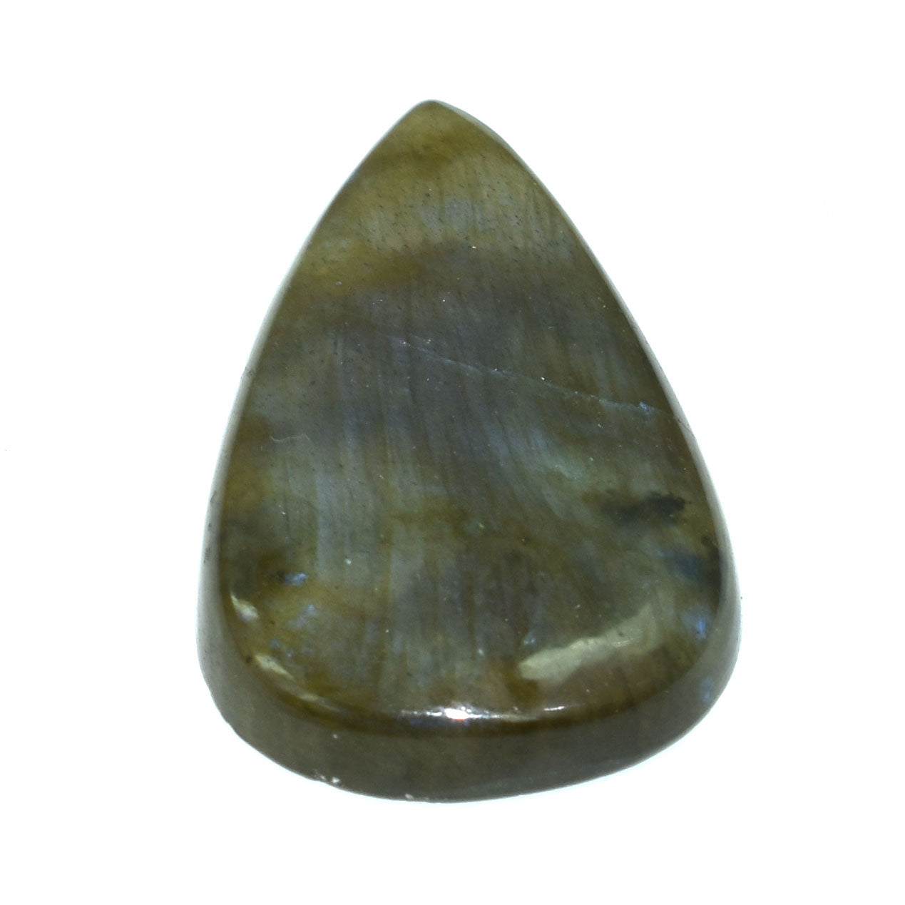 Teardrop-shaped polished gemstone with mottled green and gray coloration.