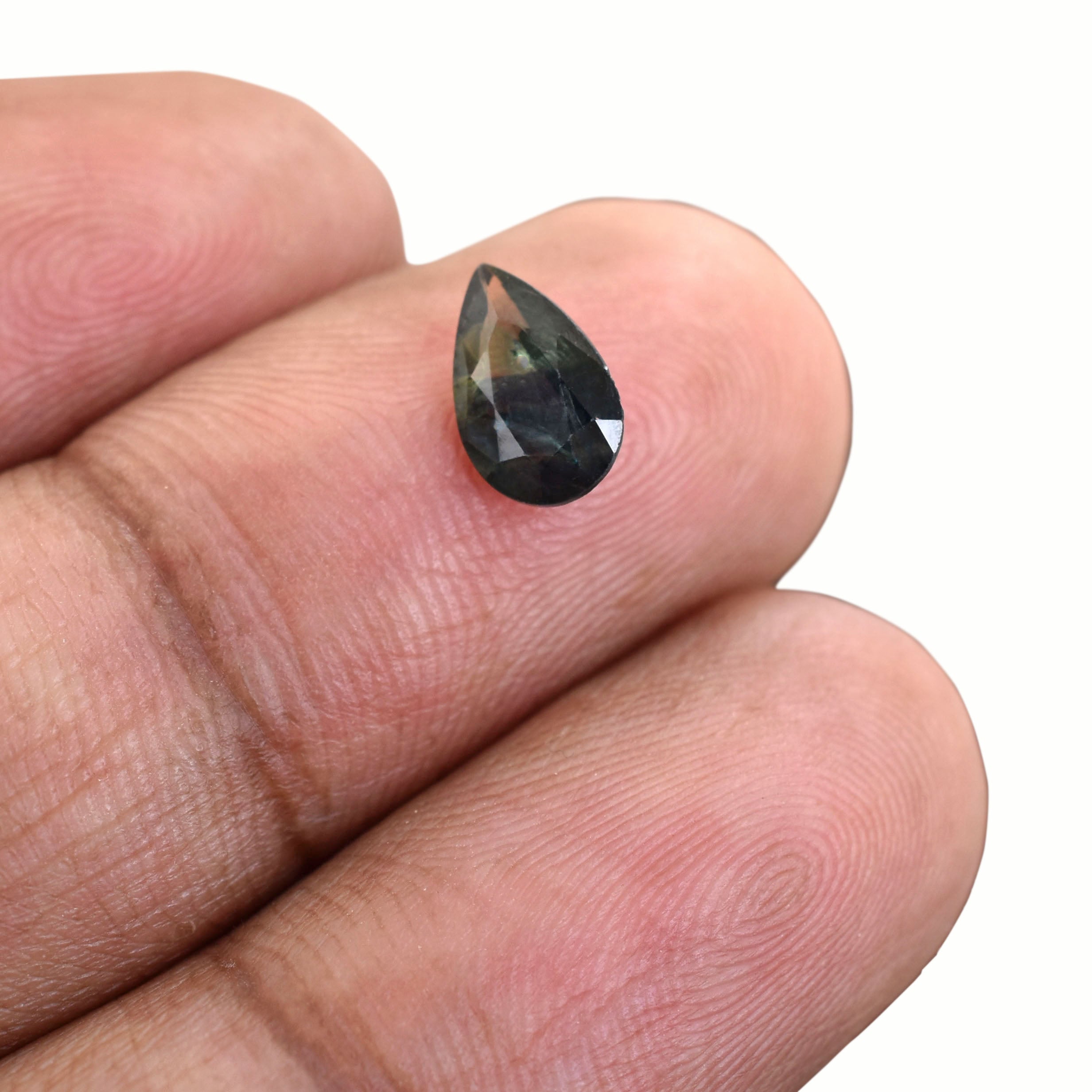 Teardrop-shaped gemstone with dark green coloration and faceted cut.