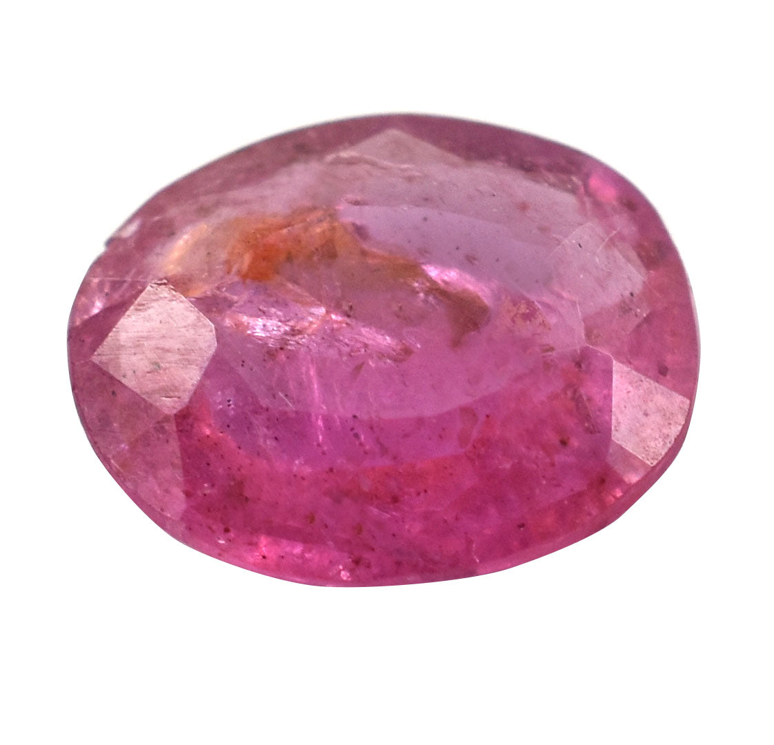 Oval-cut pink gemstone with facets and slight inclusions.