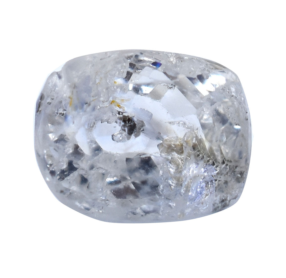 Cushion-cut diamond or gemstone with visible inclusions and facets.