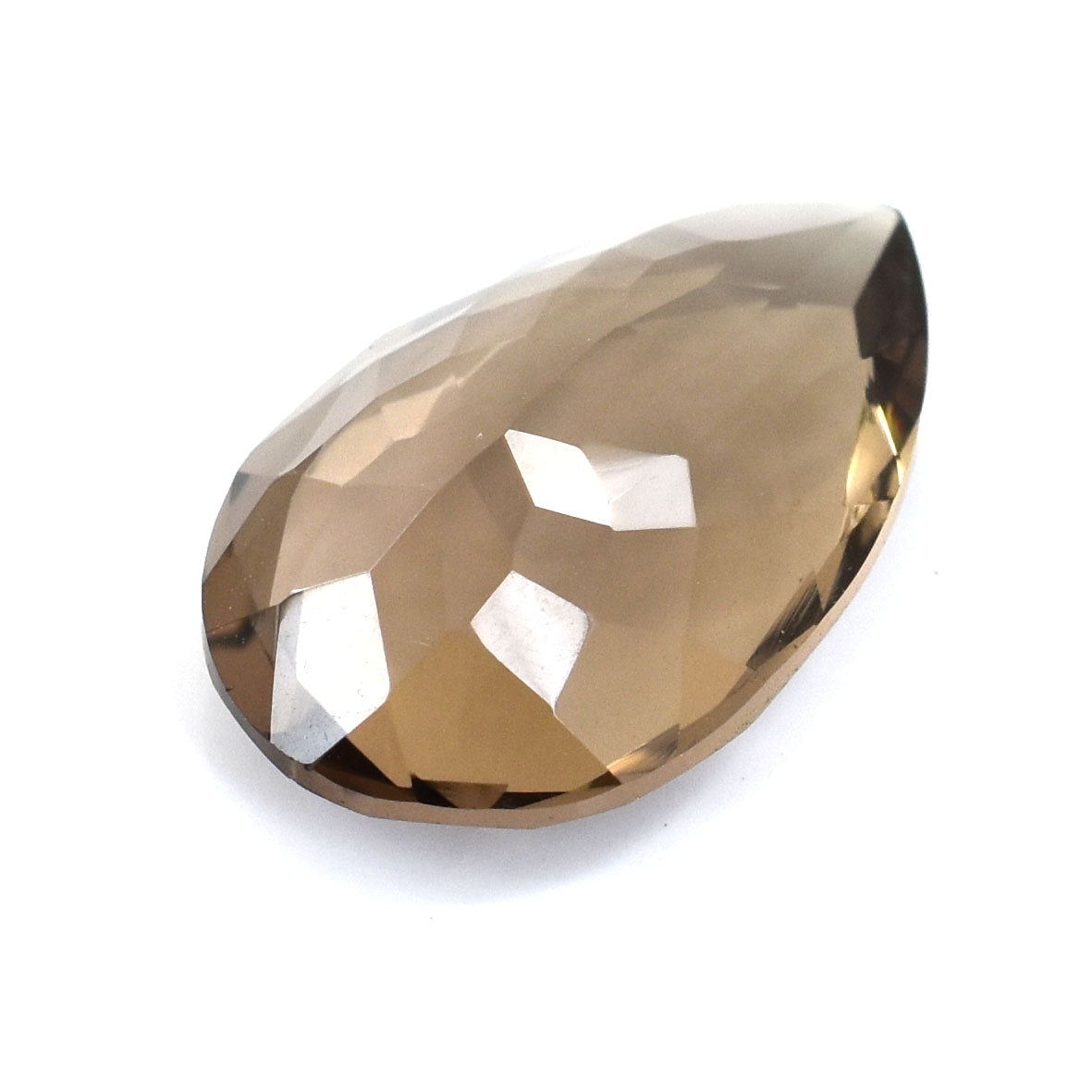 Teardrop-shaped faceted gemstone in a smoky brown color.