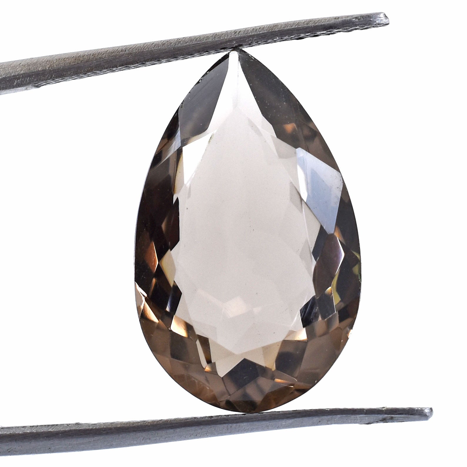 Pear-shaped gemstone held by tweezers, displaying facets and a smoky brown color.